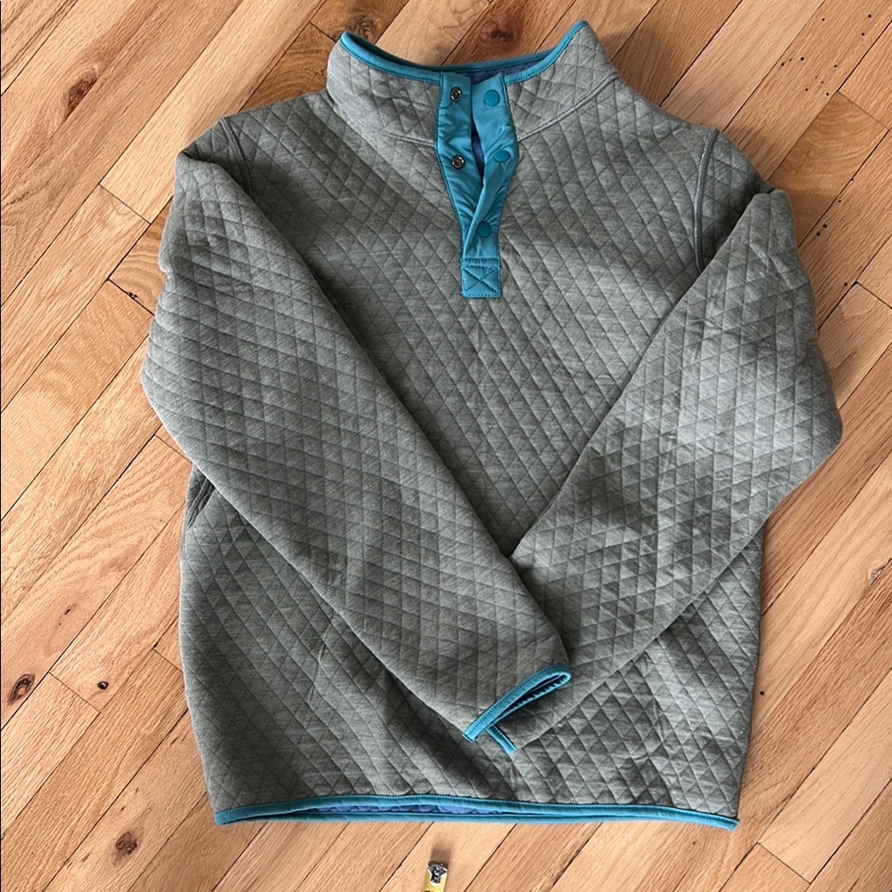 Green and Blue Quilted Pullover Sweater with Quarter-Zip